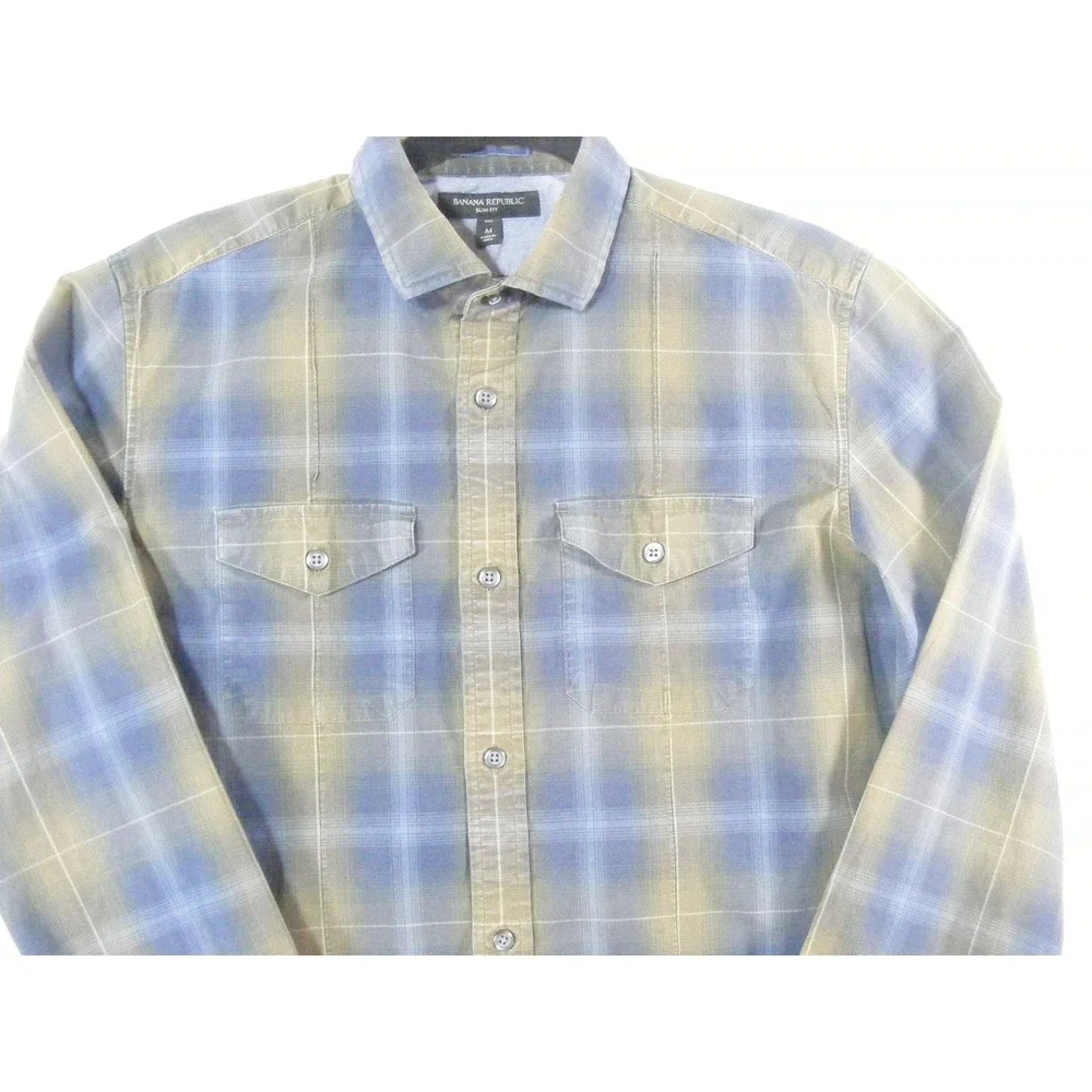 Banana Republic Button Down Mens Medium Tall Blue Plaid Excellent Slim Fit Shirt